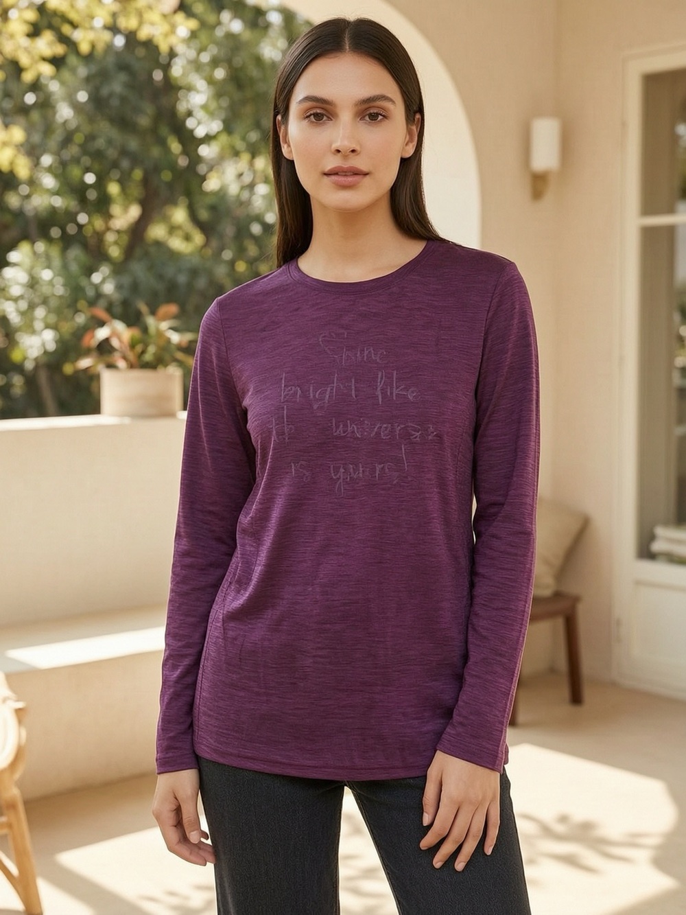 Girls' Long-Sleeve Crewneck Tee in Deep Plum